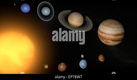 Illustration des planètes du système solaire et quelques unes de leurs satellites, ainsi que plusieurs planètes naines. Au-dessus est le Banque D'Images
