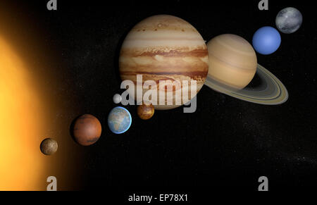 Illustration Vecteur de planètes du système solaire et quelques unes de leurs satellites, ainsi que plusieurs planètes naines Banque D'Images