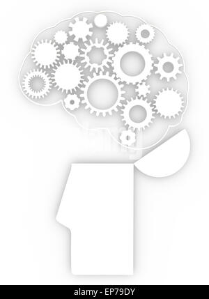 Cogs en forme de cerveau humain venant de la corbeille en forme de tête. Concept Banque D'Images