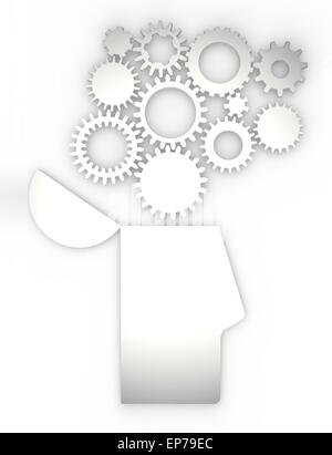 Cogs en forme de cerveau humain venant de la corbeille en forme de tête. Concept Banque D'Images
