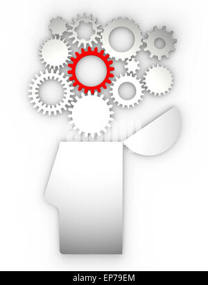 Cogs en forme de cerveau humain venant de la corbeille en forme de tête. Concept Banque D'Images