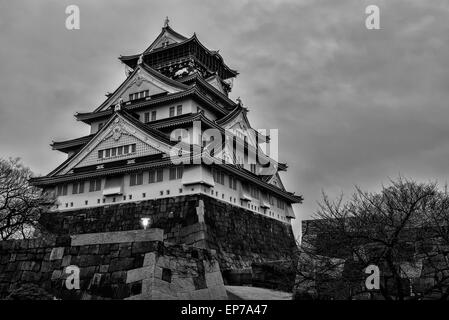 Le noir et blanc du château d'Osaka sur un sombre matin. Banque D'Images