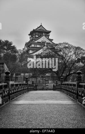 Le noir et blanc du château d'Osaka sur un sombre matin. Banque D'Images