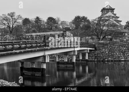 Le noir et blanc du château d'Osaka sur un sombre matin. Banque D'Images