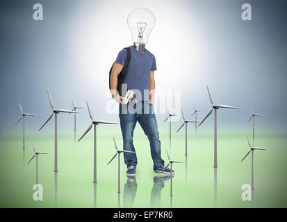 Étudiant avec lightbulb head with wind turbines Banque D'Images