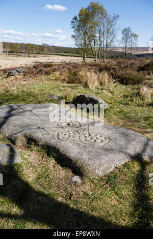 Boulder réplique avec l'âge du Bronze ou du Néolithique et de l'anneau 'Cup' marquages, Gardom's Edge, parc national de Peak District, Derbyshire Banque D'Images