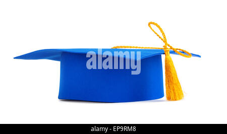 Graduation cap bleu avec gold tassel isolé sur fond blanc Banque D'Images