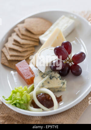 Plateau de fromages avec une sélection de fromages et de biscuits. Banque D'Images