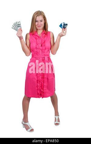 Woman Holding 100 Dollar bills et les cartes de crédit Banque D'Images