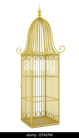 Golden cage vide isolé sur fond blanc Banque D'Images