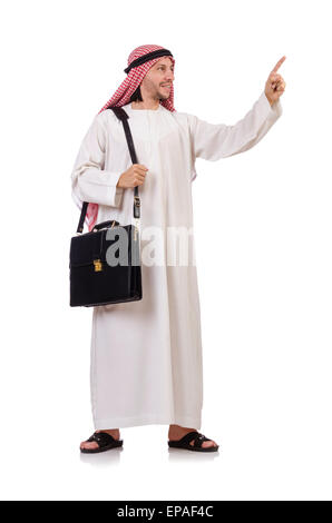 L'homme arabe avec porte-documents en appuyant sur les boutons virtuels isolated on white Banque D'Images