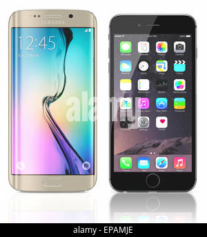 Or Platine Samsung Galaxy S6 bord et de l'espace Apple iPhone 6 Gris sur fond blanc. La Sams Banque D'Images