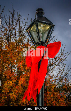 Arcs rouges géantes sont liées autour de la lampe posts à l'entrée de Jackson Square dans le quartier français de New Orleans, LA Banque D'Images