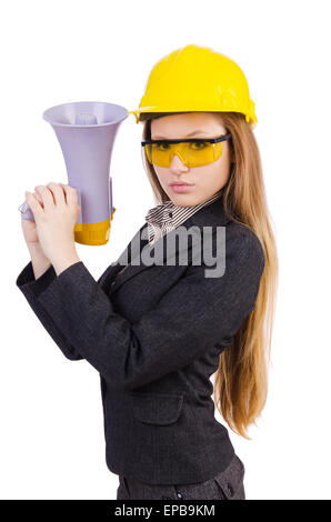 Female construction worker avec haut-parleur isolated on white Banque D'Images