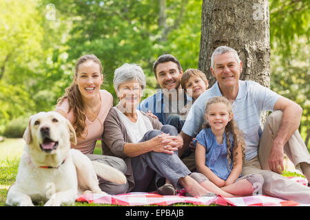 Famille élargie avec leur chien de compagnie assis à park Banque D'Images