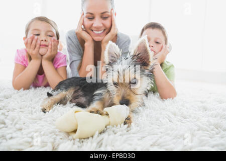 Frères et sœurs allongé sur un tapis à regarder leur yorkshire terrier avec mère Banque D'Images