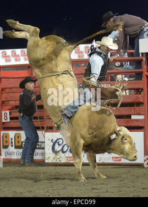 Cloverdale, Canada. 15 mai, 2015. Ty Smith de l'United States participe à la monte de taureau à l'assemblée annuelle 2015 Rodéo Professionnel Cloverdale à Cloverdale, BC, Canada, 15 mai 2015. Le Cloverdale Rodeo a été voté la première Performance Rodeo en Amérique du Nord par la Professional Rodeo Cowboy's Association en 1984. Aujourd'hui, le Rodéo de Cloverdale et exposition est la deuxième plus grande communauté rodeo au Canada, attirant des concurrents et des spectateurs dans le monde entier. Crédit : Sergei Bachlakov/Xinhua/Alamy Live News Banque D'Images