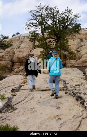 Trois personnes âgées à la suite haut de page sentier à El Morro National Monument Nouveau Mexique - USA Banque D'Images