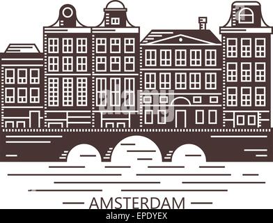 Old Amsterdam Pays-Bas maisons sur bridge set vector illustration marron Illustration de Vecteur