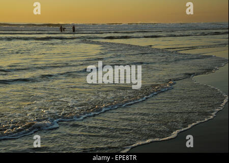 Silhouette de trois personnes pataugeant dans la mer où sont les vagues se brisant sur la plage au bord de mer de Durban, le KwaZulu-Natal Banque D'Images