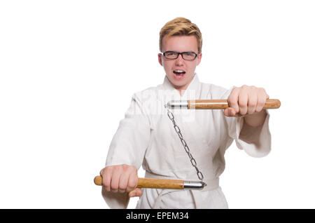 Funny karate fighter avec nunchucks on white Banque D'Images