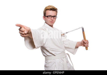 Funny karate fighter avec nunchucks on white Banque D'Images