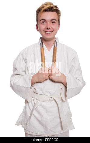 Funny karate fighter avec nunchucks on white Banque D'Images