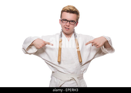 Funny karate fighter avec nunchucks on white Banque D'Images