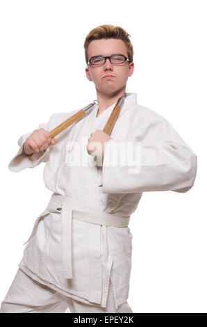 Funny karate fighter avec nunchucks on white Banque D'Images