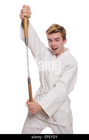 Funny karate fighter avec nunchucks on white Banque D'Images