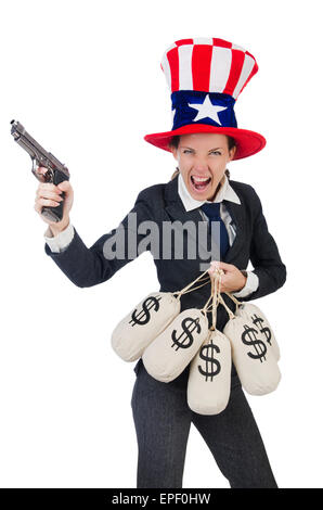 Businesswoman avec sacs de l'argent et des armes d'isolated on white Banque D'Images