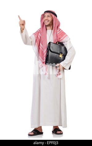 Homme d'affaires arabe avec porte-documents en appuyant sur les boutons virtuels isolated on white Banque D'Images