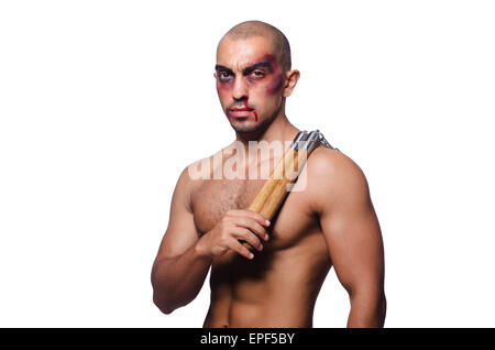 Homme avec nunchucks isolated on white Banque D'Images