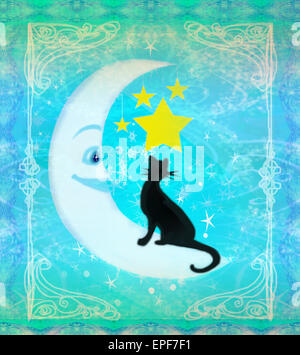 Chat assis sur la lune - carte abstraite Banque D'Images