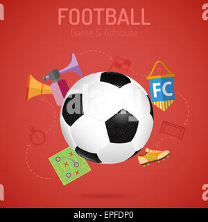 L'affiche de football avec ballon de soccer, options et attributs d'icônes. Télévision 3D réaliste et d'icônes. Peut être utilisé pour flyer, affiche et pri Banque D'Images