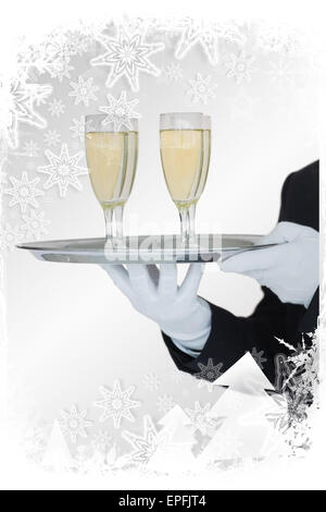 Image composite de waiter holding tray of champagne flutes Banque D'Images