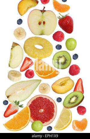 Fallende Früchte wie Frucht Orange, Banane, Apfel und Erdbeere Banque D'Images