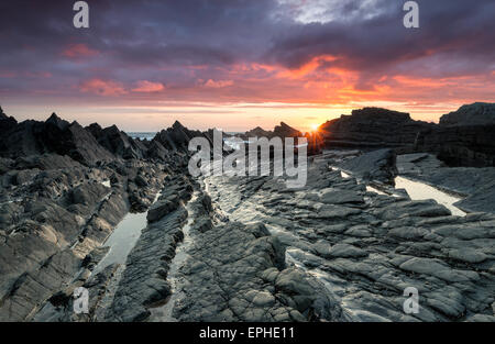 Coucher de soleil spectaculaire sur la plage de rochers à Hartland Quay sur la côte nord du Devon près de Bideford Banque D'Images