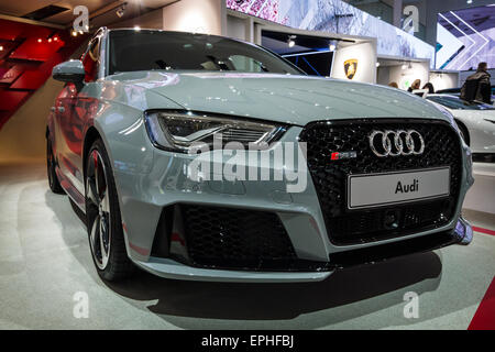 BERLIN - 02 MAI 2015 : Exposition. Hot hatch Audi RS3 (8VA). Produite depuis 2015. Banque D'Images