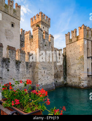 Un Château Scaliger (13e siècle) avec des géraniums rouges de premier plan. Banque D'Images