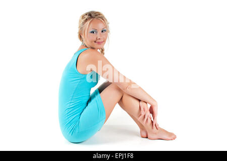 Beautiful smiling woman in blue dress Banque D'Images