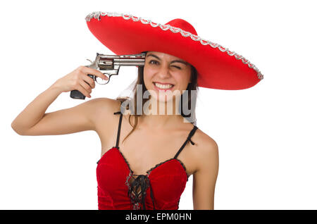 Woman wearing red sombrero isolated on white Banque D'Images