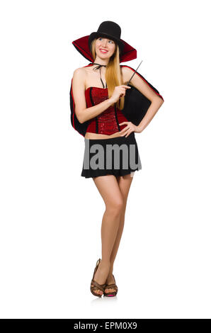 Femme magicien avec baguette magique on white Banque D'Images