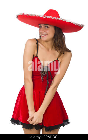 Woman wearing red sombrero isolated on white Banque D'Images