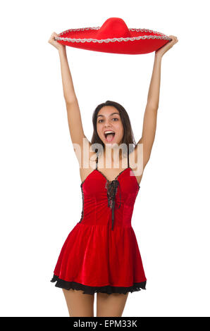 Woman wearing red sombrero isolated on white Banque D'Images