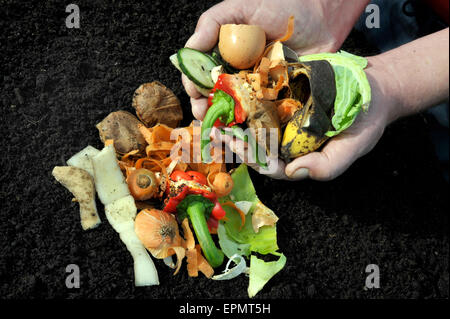 Nourriture cuisine as été prêt pour le recyclage en compost fini soit en utilisant un tas ou bac à vers. Banque D'Images