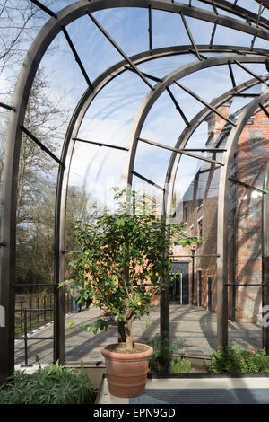 Vue intérieure d'une maison de verre. La Distillerie de Bombay Sapphire, Laverstoke, Royaume-Uni. Architecte : Heatherwick Studio, 2014. Banque D'Images