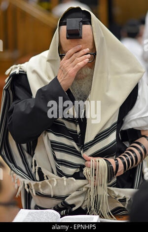 Portrait d'un homme juif religieux dans une prière fervente au siège de Loubavitch de Crown Heights, Brooklyn, New York Banque D'Images