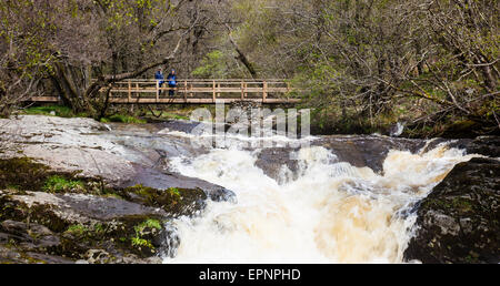 Deux randonneurs traverser le pont enjambant la chutes supérieures de l'Aira Beck, au-dessus de la Force, Aria de Ornans, Lake District, Cumbria Banque D'Images