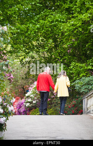 Couple marche main dans la main plus Gilbury Exbury Gardens, pont au parc national New Forest, Hampshire, Angleterre Royaume-uni en mai Printemps Banque D'Images